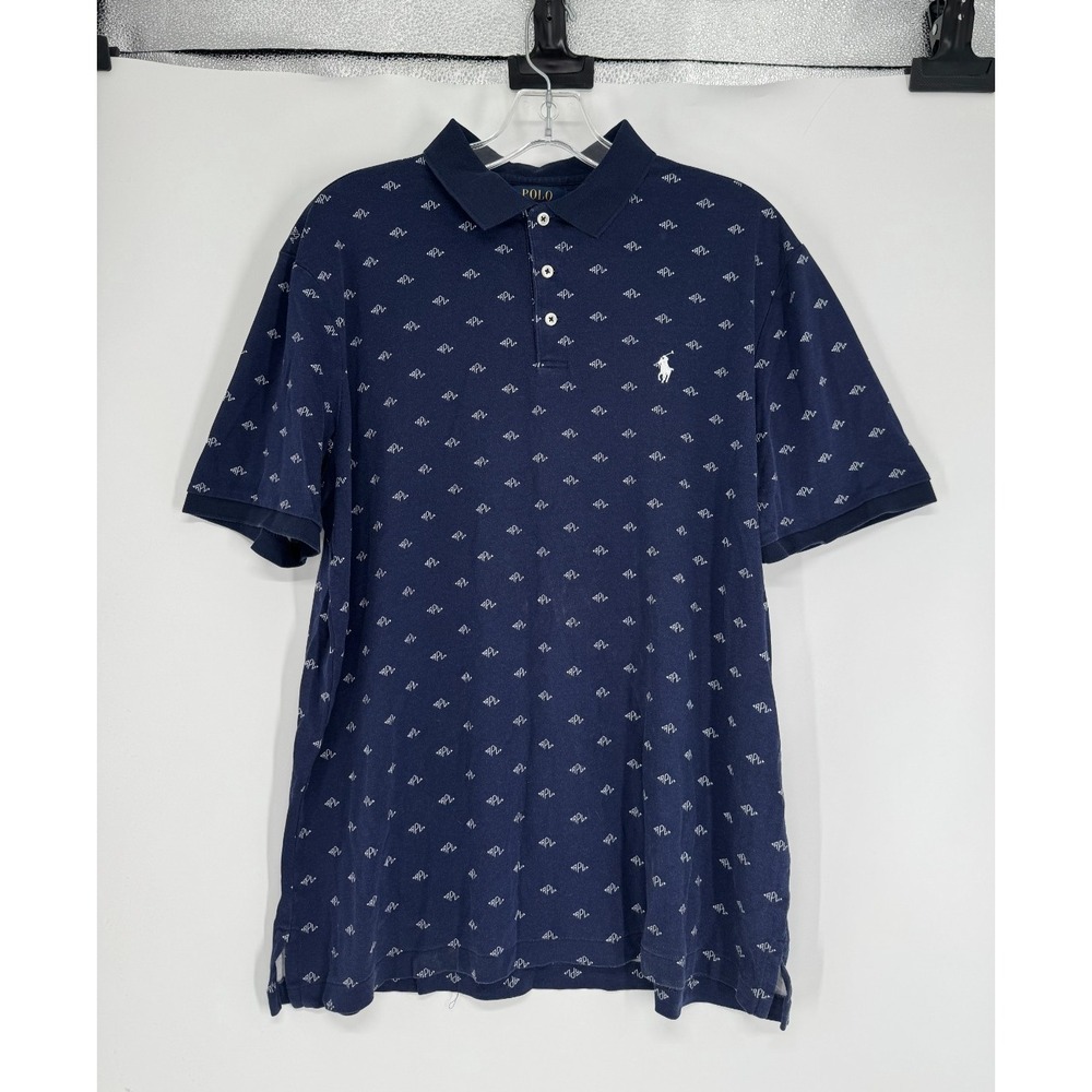 Polo Ralph Lauren Polo Shirt Large Navy All Over Print AOP Graphic Short Sleeve
